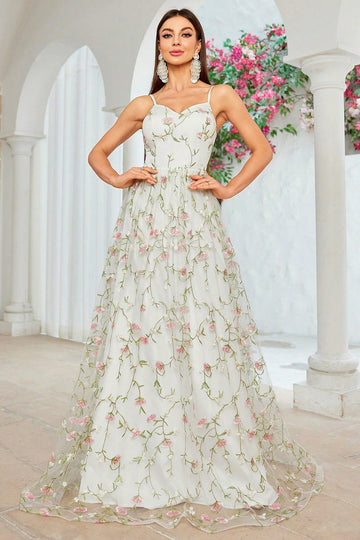 En linje elfenben blomst spaghetti stropper broderi lang brudekjole